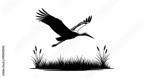 Black and white illustration of a stork in flight over reeds and grass, symbolizing nature and freedom.