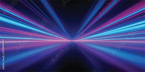 Futuristic motion blur of bright pink and blue neon light lines converging, abstract speed tunnel effect for technology