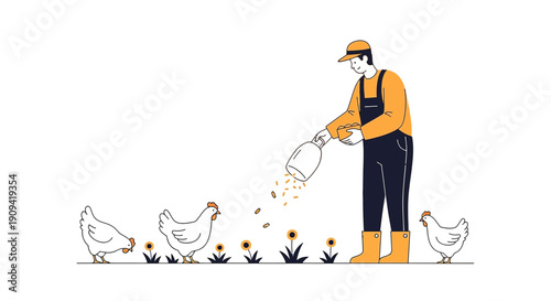 Farmer feeding chickens in a garden, illustration, flat design