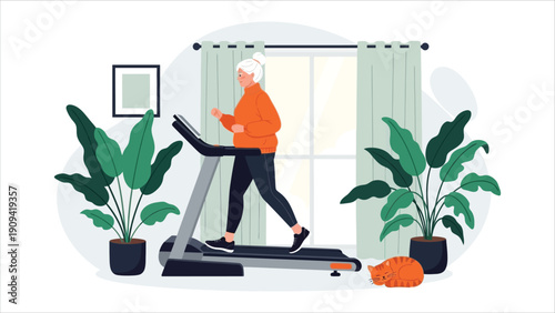 Active Senior Woman Exercising on Treadmill at Home – Indoor Fitness with Lush Green Houseplants