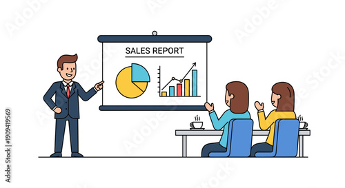 Businessman presenting sales report to colleagues.