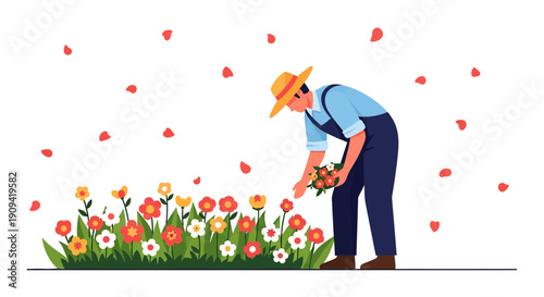 Farmer Gathering Flowers in Garden - Spring Bloom Illustration