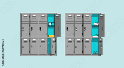 Gray Metal Lockers with Open Doors.