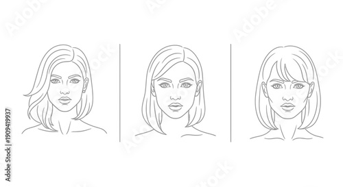 Three women hairstyles, line art, different haircuts, beauty, fashion, female faces