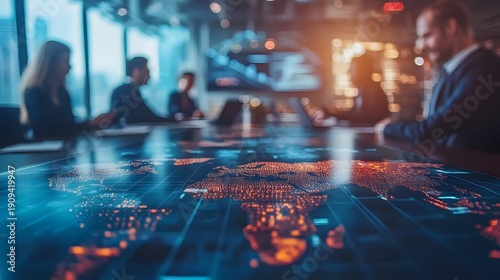 Business professionals gather around a futuristic digital table displaying a glowing global map with data points suggesting international expansion strategies in a modern conference room setting.