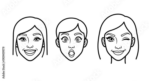 Three women's faces showing different emotions: joy, surprise, and wink