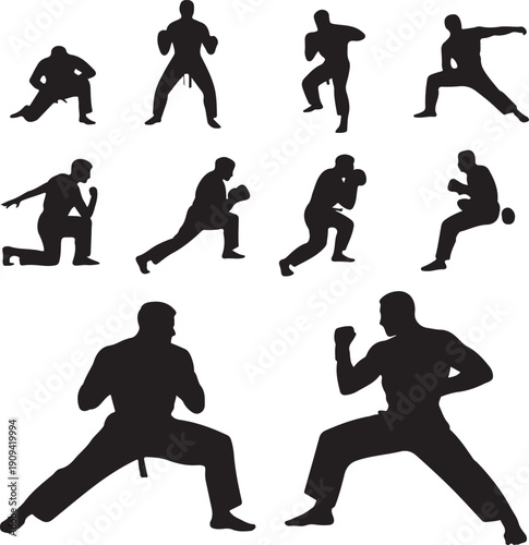 Silhouettes of people practicing martial arts and sports movements  various poses