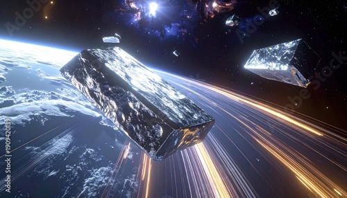 Metallic Blocks Flying Through Space Near Earth with Starry Background