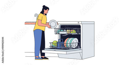 Woman Loading Dishwasher with Clean Dishes.