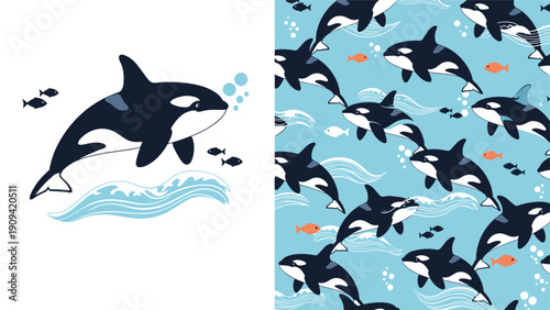 Marine life illustration features a large orca jumping over waves next to a matching seamless pattern with multiple killer whales.