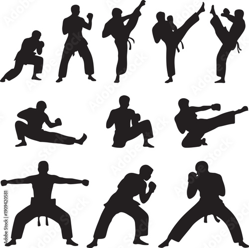 Silhouettes of people practicing various martial arts poses and movements