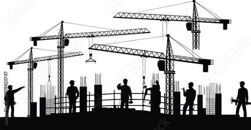 Construction workers and tower cranes silhouette at building site, urban infrastructure development and engineering industry concept illustration