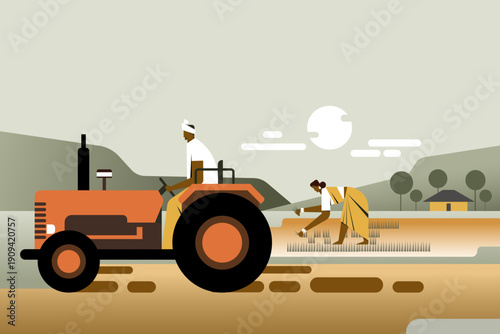 Indian farmers transplanting paddy in a rural field with tractor support, illustrating traditional rice cultivation and mechanized agriculture in village landscape