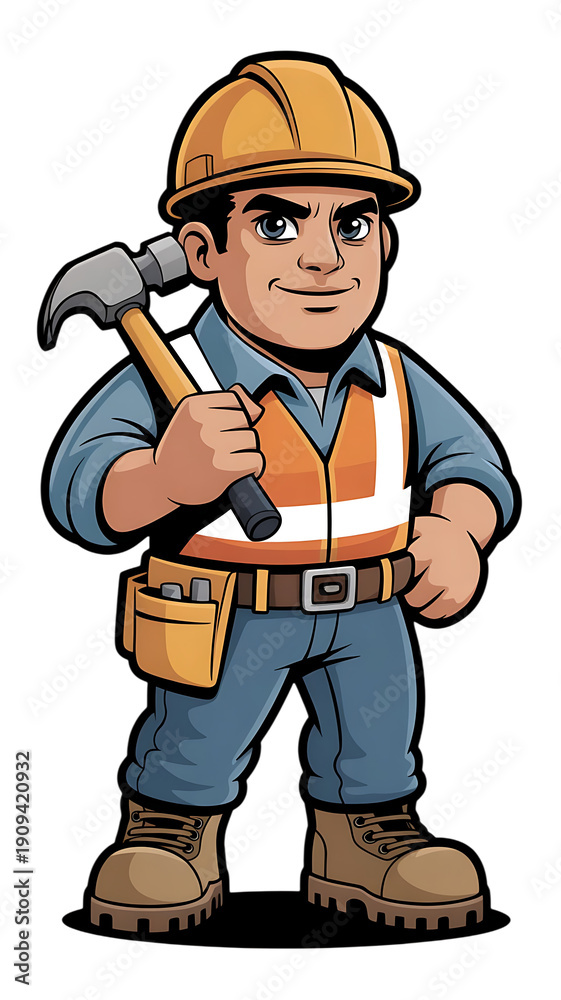 Obraz premium Strong Construction Worker with Hammer and Tool Belt