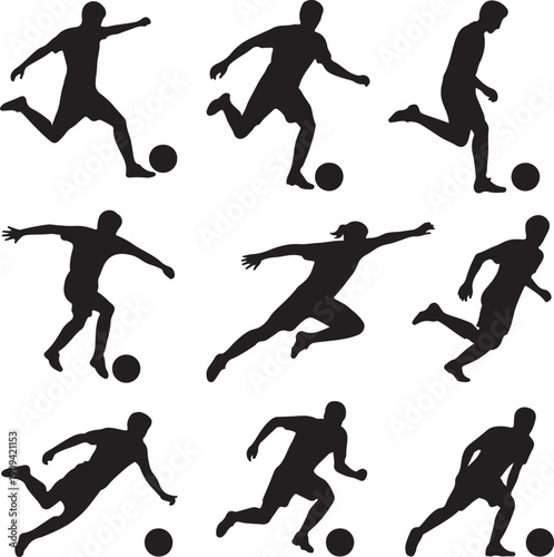 Silhouettes of soccer players in various poses kicking balls