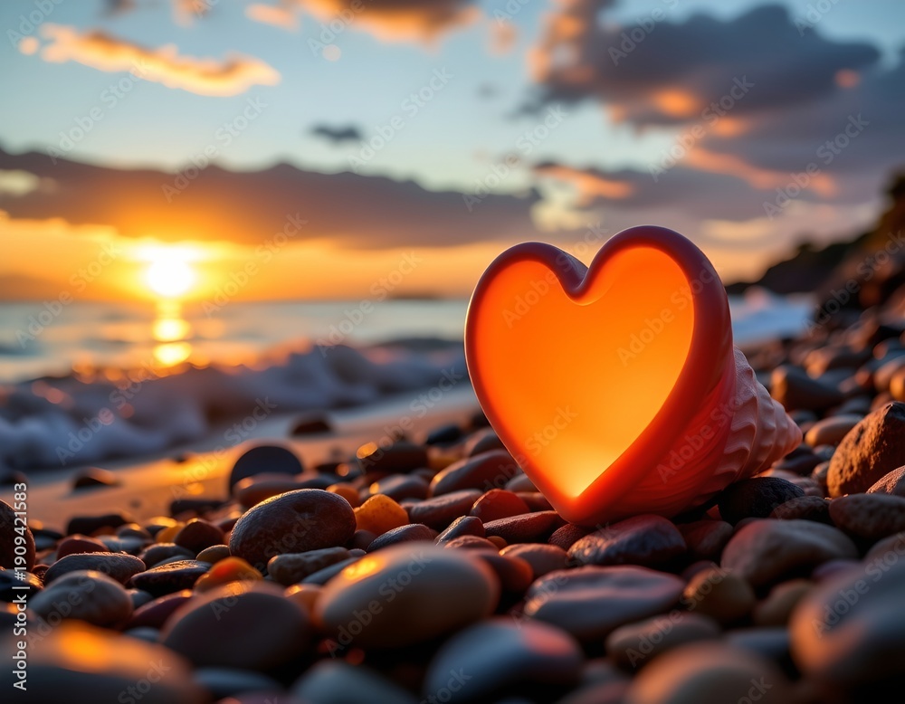 Fototapeta premium Sunset Serenity with Heartshaped Seashell Ocean Rocks