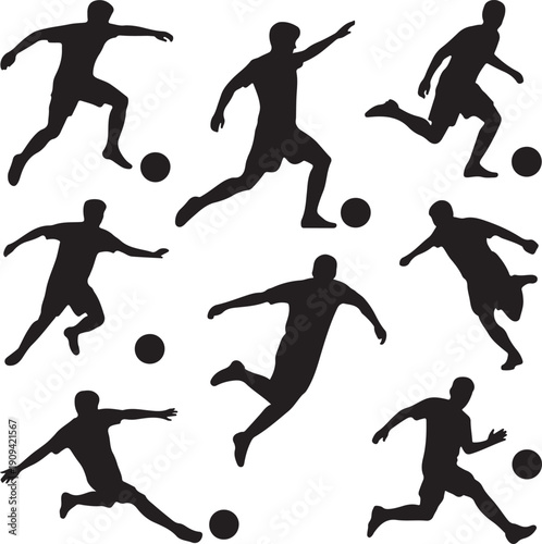 silhouettes of soccer players in various poses with balls