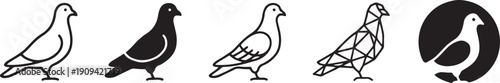 Monochrome pigeon icons set flat design vector illustration isolated on white background scalable graphic