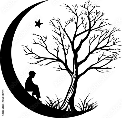 Black Silhouette Vector of Person Sitting on Crescent Moon Beside Bare Tree Against Night Sky