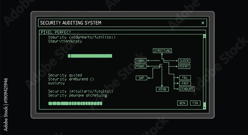 Digital security auditing system interface on a retro green screen, showing data processing, network analysis, and progress for cybersecurity and information protection.