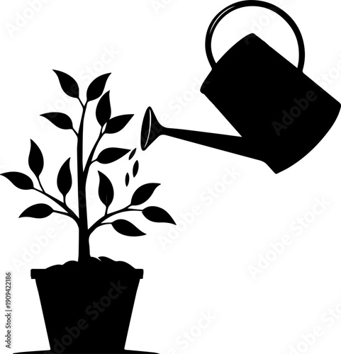 Watering plant in pot icon silhouette vector illustration of growth and care