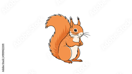 Adorable squirrel illustration depicts a fluffy red-furred animal sitting upright with a large bushy tail on a white background.