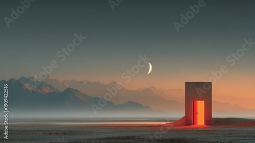 Conceptual art of a luminous red door in an empty desert with distant mountains and crescent moon, symbolizing mystery, opportunity, and surreal dreams