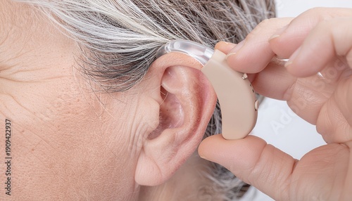 Senior woman’s hand placing a hearing aid for improved hearing