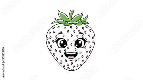 Adorable white strawberry character with large expressive eyes and a happy smiling face is shown in a cute kawaii illustration.