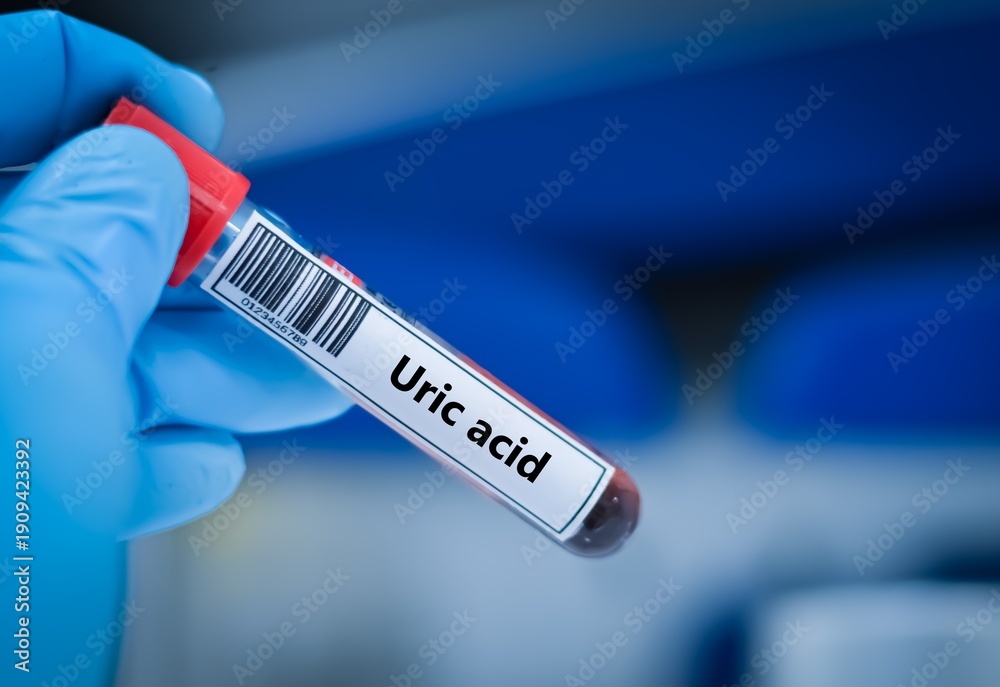 Obraz premium Blood sample tube for uric acid test analysis.