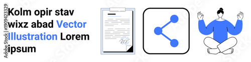 Productivity, relaxation, social media, document signing, connectivity, mindfulness. Minimalist line-art of a document, a sharing icon and a person meditating. Productivity and relaxation concept