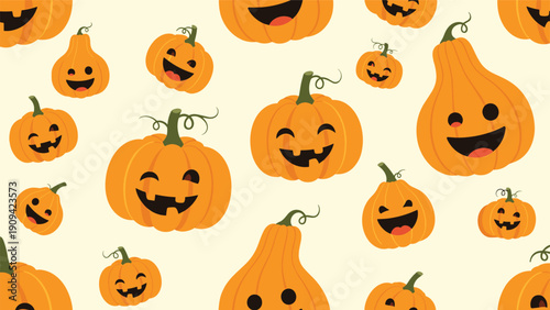 Halloween pumpkin pattern displays various orange jack-o-lanterns with different funny and spooky expressions on light yellow.