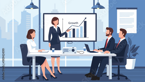 Vector illustration of business professionals in a meeting discussing growth statistics