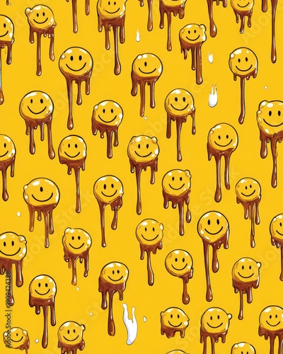 Dripping Golden Smiley Faces Pattern on Bright Yellow Background, Whimsical Melting Digital Illustration.