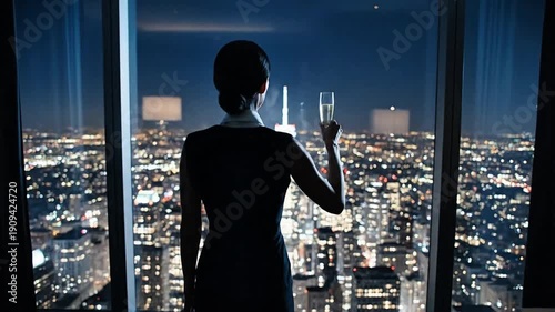 Silhouette of successful businesswoman standing in a high-rise corner office holding a champagne glass overlooking a glittering nighttime cityscape view symbolizing achievement and luxury living.