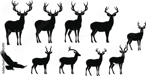 Set of deer and antelope silhouettes with eagle, black wild animal shapes isolated on white background for wildlife, hunting, nature, and outdoor design concepts