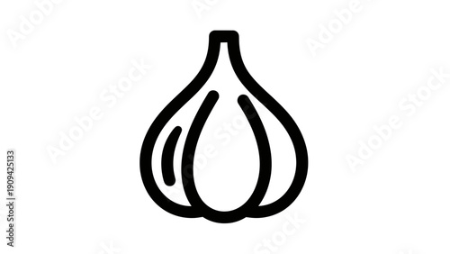 A stylized, outlined black garlic clove graphic on a white background, simple and clear