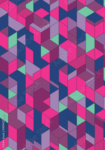 Abstract geometric pattern with three-dimensional cubes in vibrant shades of pink and purple
