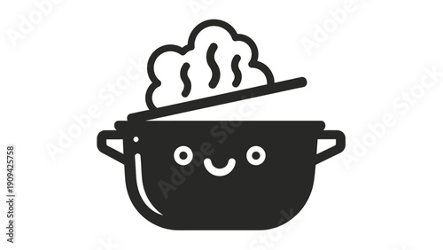 A smiling, cartoon pot of food with steam rising from within. Lid slightly ajar