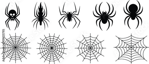 Spider and spider web silhouettes set, black scary arachnid icons, Halloween horror elements illustration isolated on white background vector
