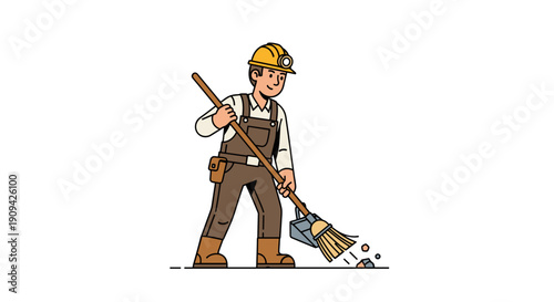 Cartoon Construction Worker with Rake Tool.