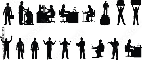 Worker silhouette illustration set showing industrial labor office jobs teamwork management and celebration poses, black vector people icons for business, industry, and professional design