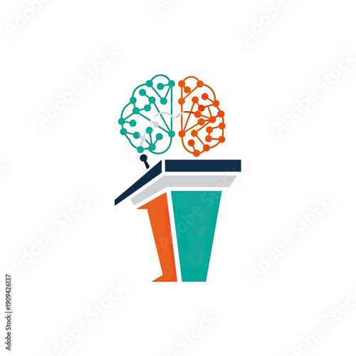 A brain graphic sits atop a podium in a colorful, modern digital illustration