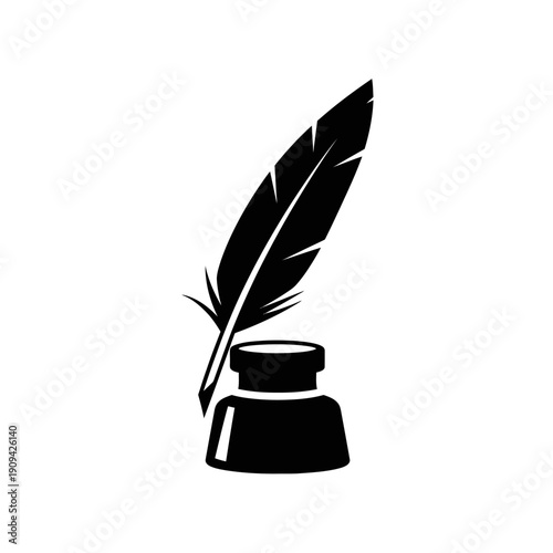 Silhouette of a black quill pen in a ink pot. Image features detailed lines and a white background