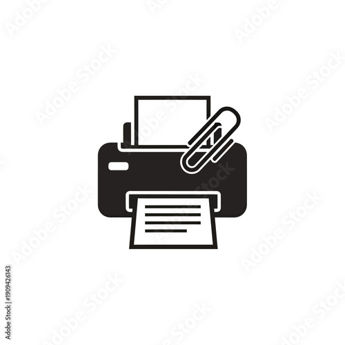 A black and white illustration of a printer with paper and a clip