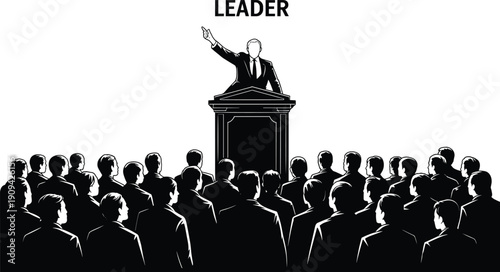 Leader giving motivational speech to large audience crowd, business leadership concept, podium presentation silhouette vector illustration design