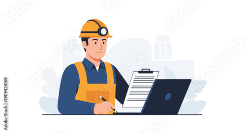 Construction Worker Filling Out Form on Laptop.