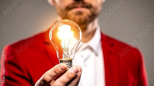 Focused professional man prominently holding up a glowing incandescent light bulb symbolizing brilliant innovation, creative problem-solving, and new business breakthrough ideas for future success.