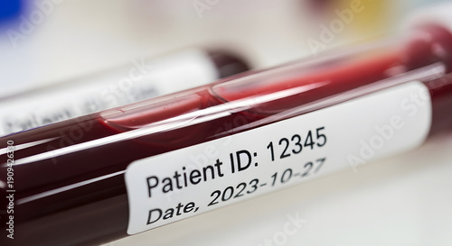 Close-up of a blood sample in a test tube labeled with patient information and collection date, ready for laboratory analysis