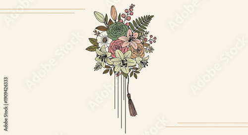 Elegant Floral Arrangement Illustration with Tassel and Botanical Elements